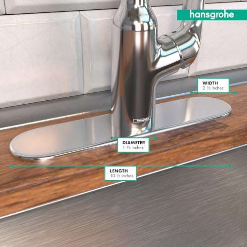 Chrome base plate with oval shape installed under single-hole kitchen faucet on wooden countertop.
