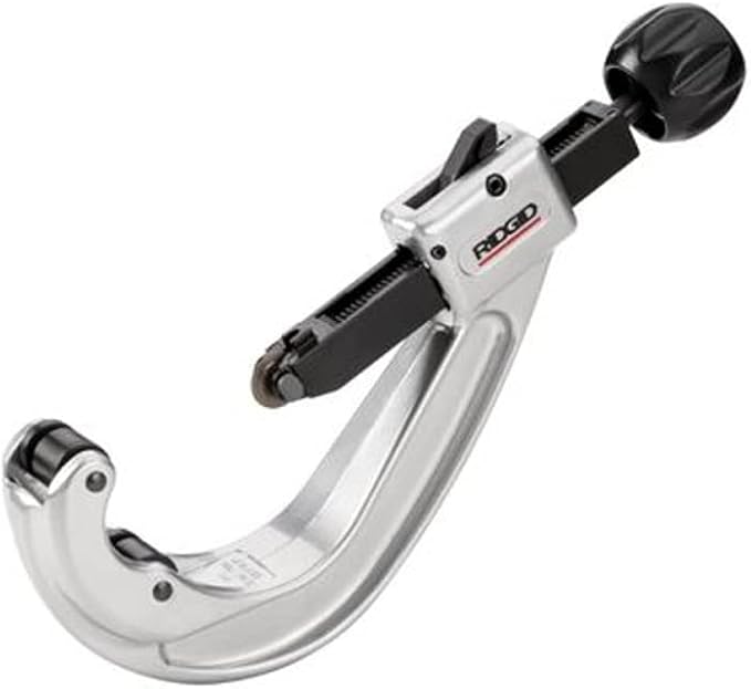 RIDGID quick acting tubing cutter with silver and black body, adjustable cutting wheel, and knurled adjustment knob.