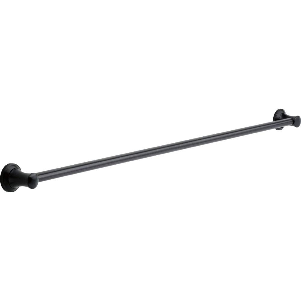 Black 42-inch straight grab bar with round wall-mounted flanges on each end.