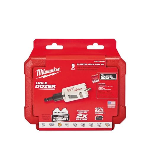 Milwaukee HOLE DOZER 9-piece hole saw kit in red packaging with white handles and black drill bit attachment.