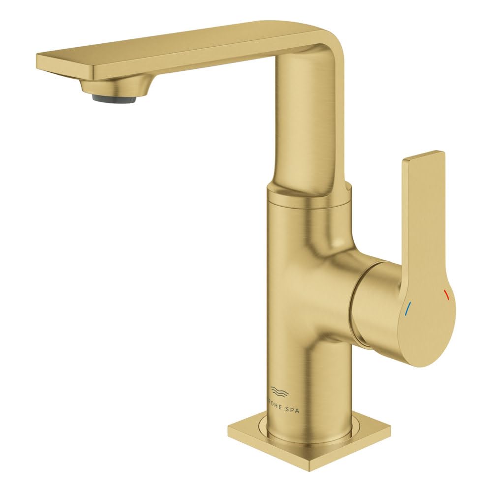 Grohe Allure single-hole bathroom faucet in brushed gold finish with single lever handle and rectangular spout.