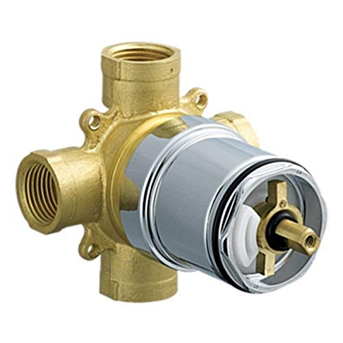 Brass pressure balance valve body with threaded inlet, outlet ports, and integrated cartridge mechanism with brass internal c