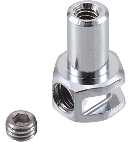 Chrome plated metal adapter with cylindrical body and hex base, shown with small matching screw.