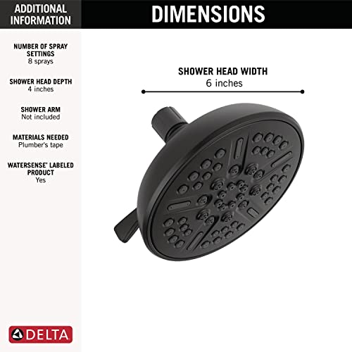 Matte black round shower head, 6 inches wide, with multiple spray holes and side inlet connection.