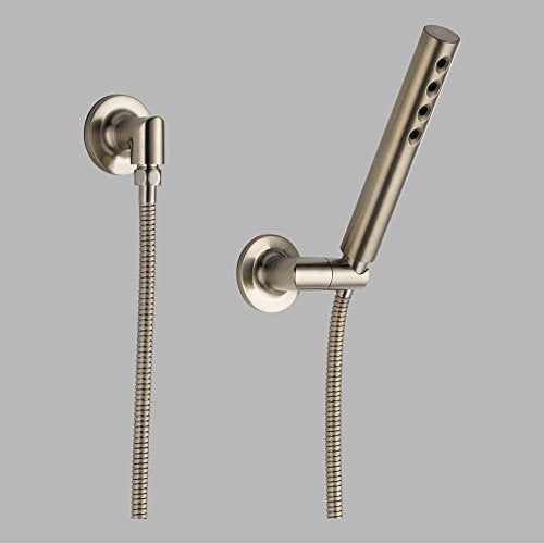 Brushed nickel wall-mounted handshower with flexible hose and angled holder bracket.