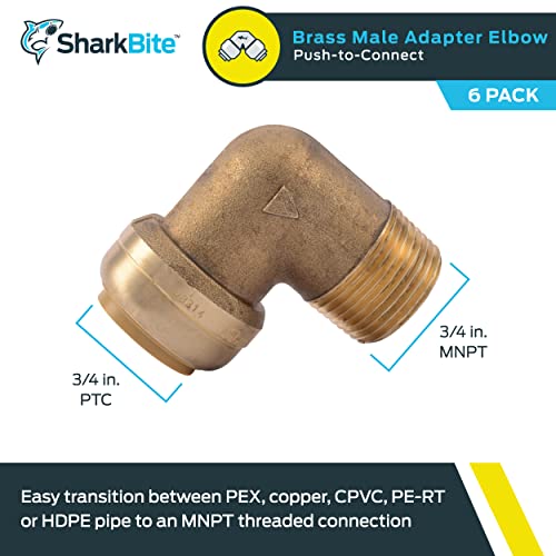Brass 90-degree elbow fitting with 3/4 in. push-to-connect and 3/4 in. male threaded connections.