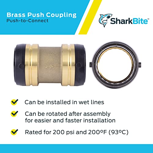Brass push-to-connect coupling fitting with black grip rings shown from side and front views.