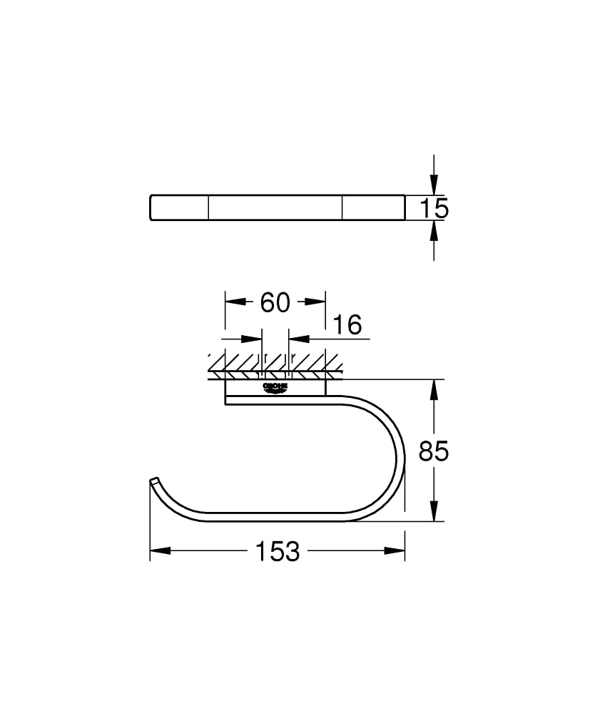 Hard graphite paper holder with curved open bottom design and wall-mounted bracket, shown with dimensions.