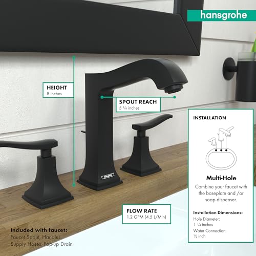 Matte black widespread bathroom faucet with curved spout, lever handles, and pop-up drain; height 8 inches, spout reach 5.9 i