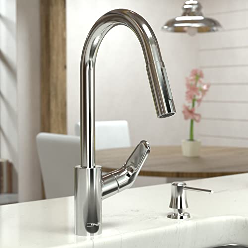Brushed black chrome high-arc kitchen faucet with pull-down spray head and single lever handle mounted on sink.