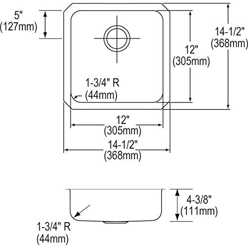 Stainless steel single bowl undermount sink with rounded corners and center drain opening, shown in top and side view with di
