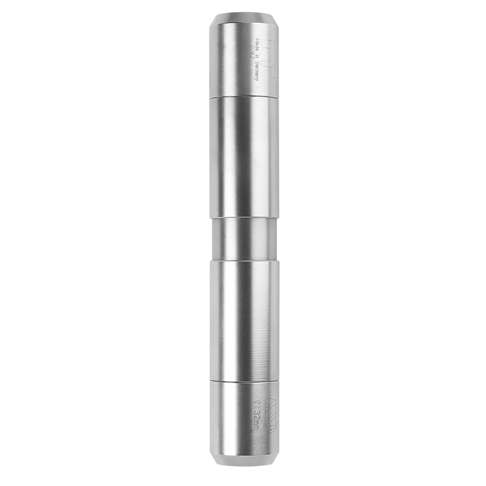 Silver metal cylindrical adapter with segmented sections and rounded ends.