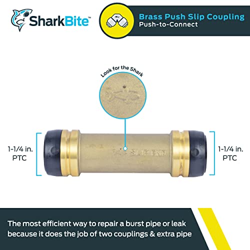 Brass slip coupling with 1-1/4" PTC connections and black grip rings on each end.