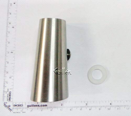 Stainless steel cylindrical basket strainer with mounting collar and clear rubber washer, displayed with measurement scale.