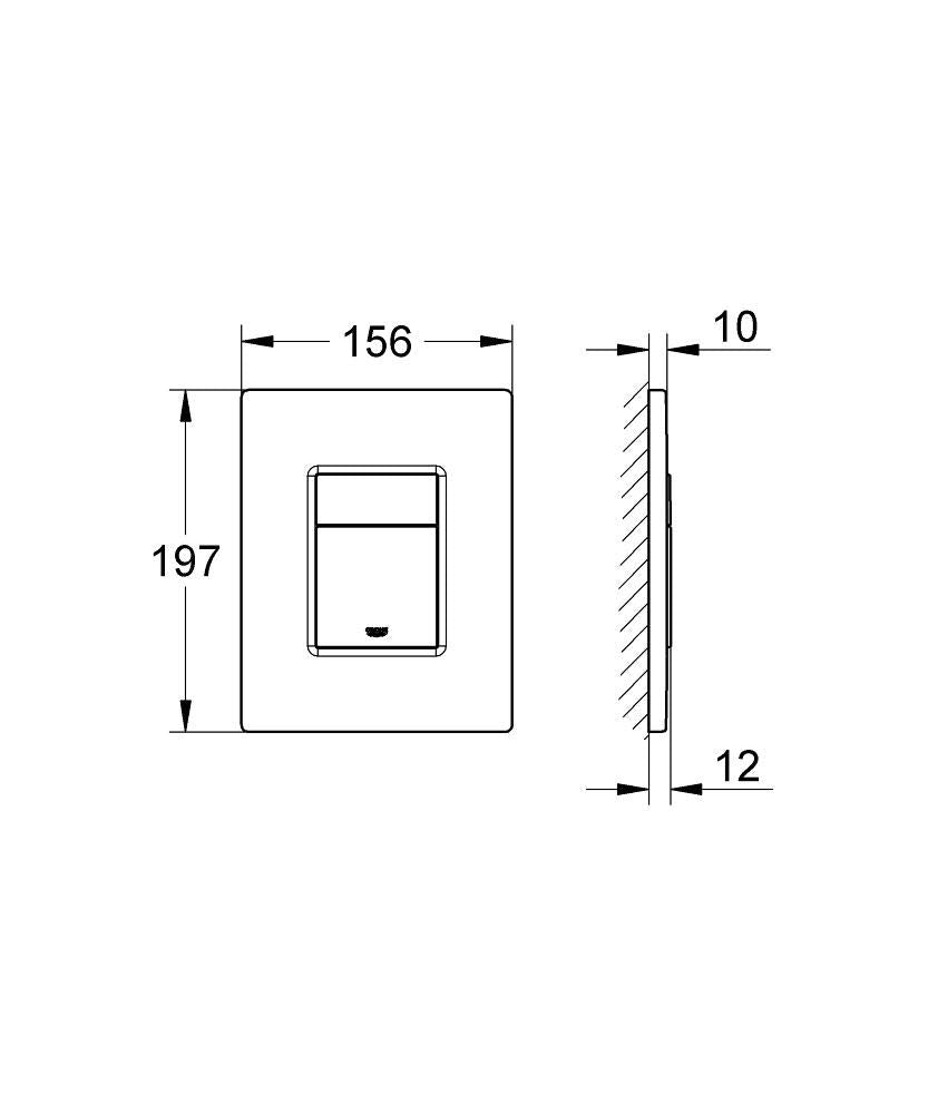 Chrome wall plate with rectangular mounting surface and centered outlet opening, shown with front and side dimension views.