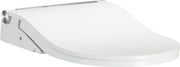 White electronic bidet toilet seat with control panel on left side and curved seat design.