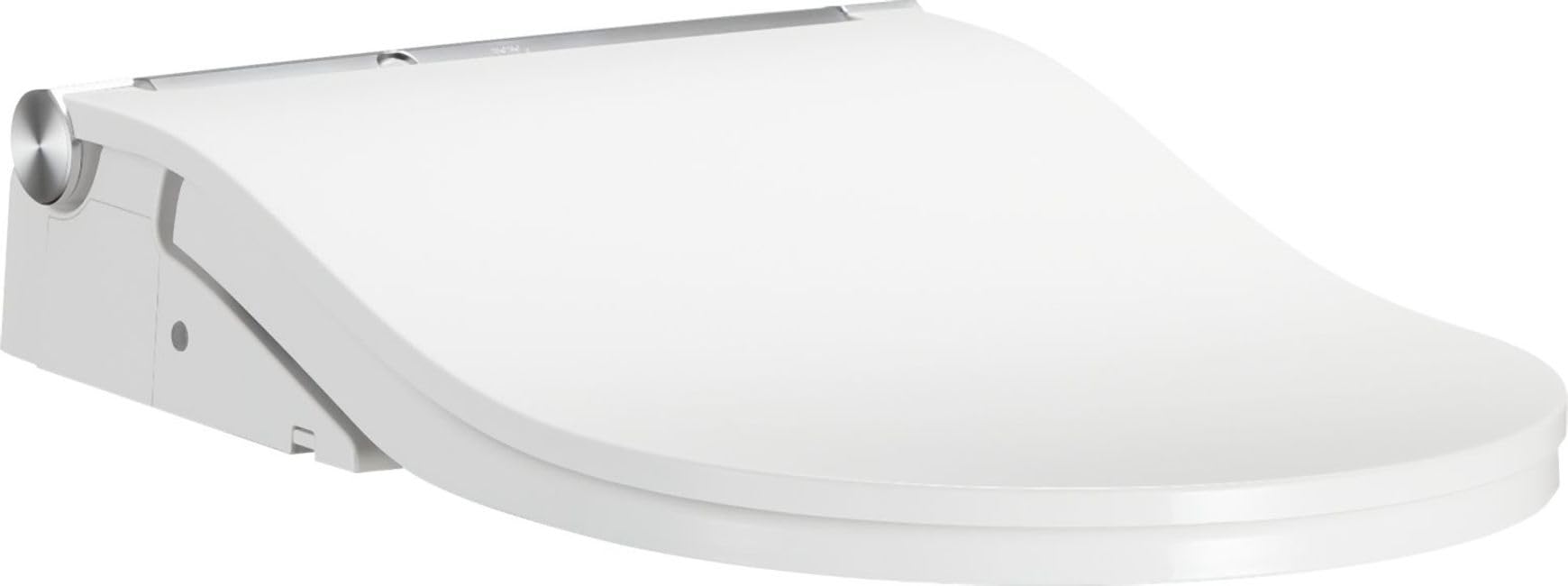 White electronic bidet toilet seat with control panel on left side and curved seat design.