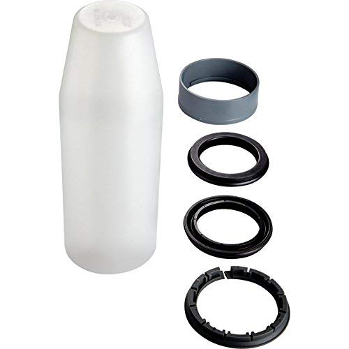 White plastic cartridge with gray and black rubber seal rings arranged vertically beside it.