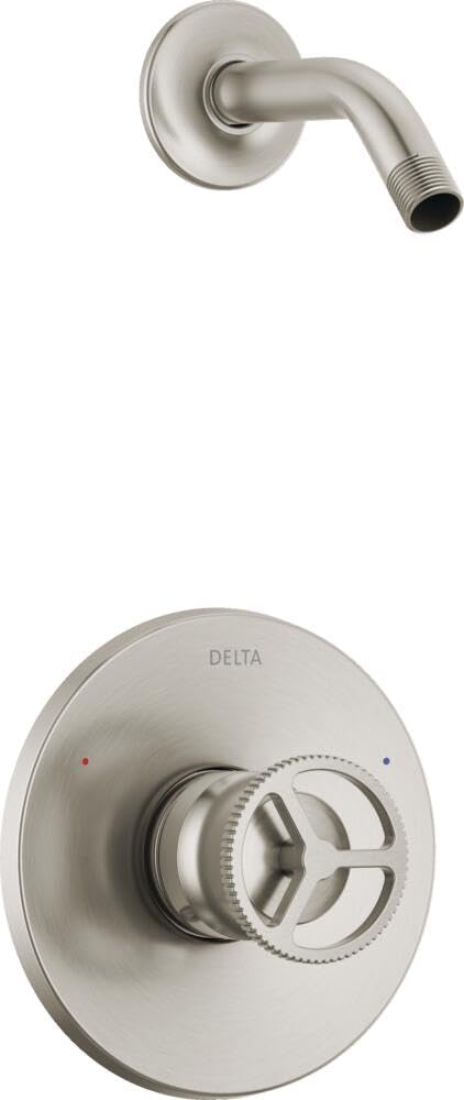 Brushed nickel shower trim with curved arm spout and round wall plate with single-handle control valve.