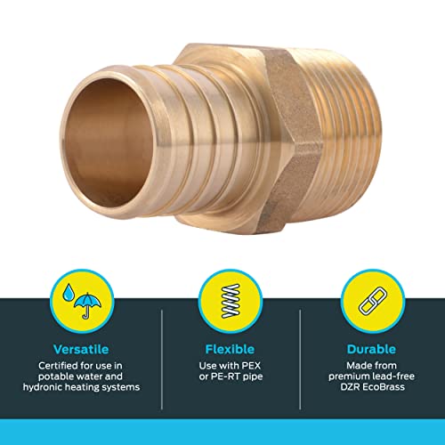 Brass male connector with 1" crimp end and 3/4" NPT threaded end, hexagonal center band.