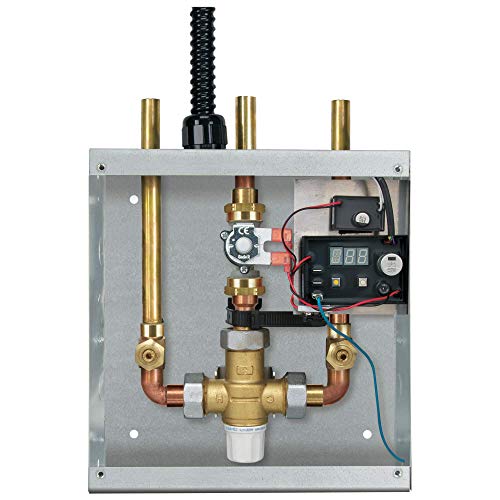 Rough-in control box with brass fittings, copper tubing, electronic valve assembly, and sensor module mounted on metal backin