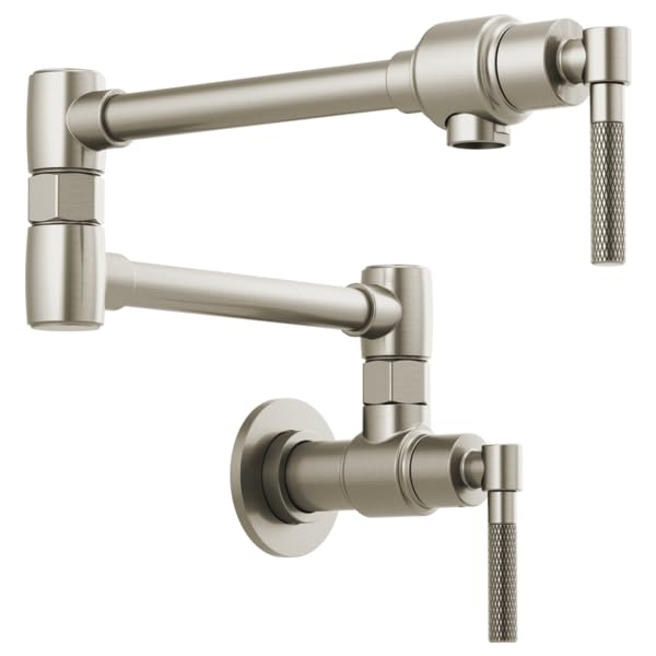Brushed nickel wall-mount pot filler faucet with articulating arm and knurled handles shown in three installation angles.