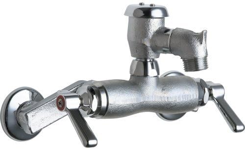 Chrome wall-mounted two-handle faucet with adjustable centers, featuring a curved spout and lever handles.