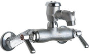 Chrome wall-mounted faucet with dual lever handles, swing spout, and angle stop valve.