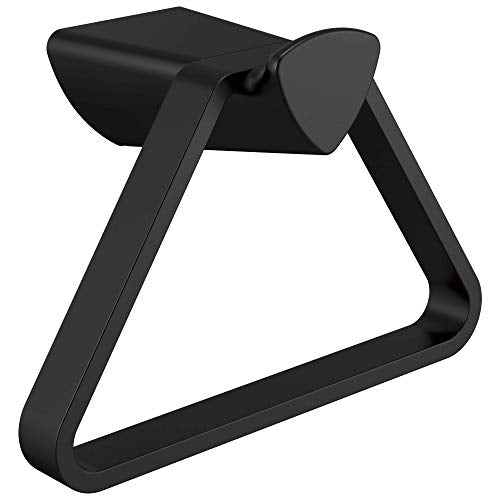 Black triangular towel holder with angled arms and rounded top fixture for wall mounting.