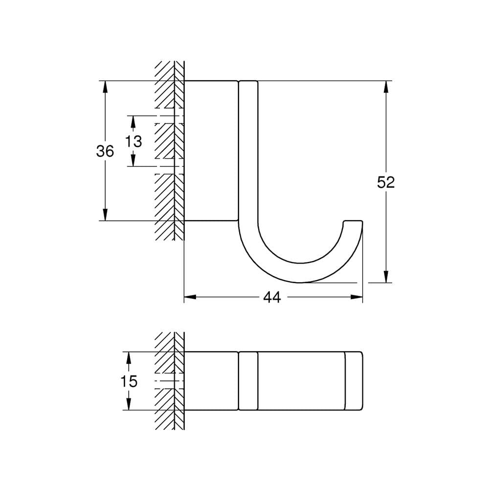 Chrome robe hook with curved design and wall-mounted installation diagram showing dimensions.