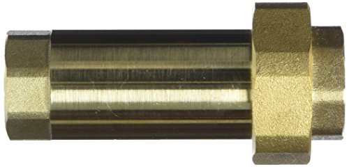 Brass dual check backflow preventer with 3/4 inch union female threaded connections on both ends.