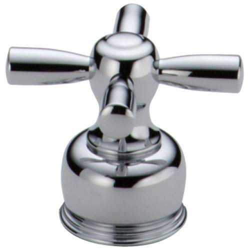 Chrome metal cross handle kit with cylindrical spout and threaded base connection.