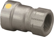 Silver metal press adapter with yellow indicator dot on left side and threaded female connection on right side.