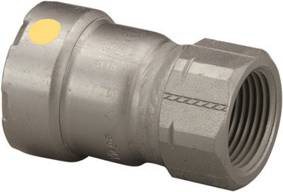 Silver metal press adapter with yellow indicator dot on left side and threaded female connection on right side.
