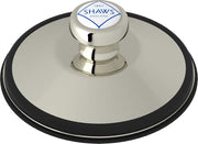 Polished nickel disposal stopper with white ceramic base and blue Shaw's logo on control knob.