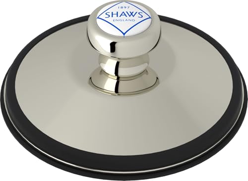 Polished nickel disposal stopper with white ceramic base and blue Shaw's logo on control knob.