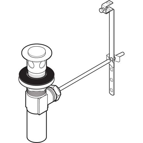 Metal bathroom drain assembly with pop-up stopper and horizontal linkage rod in champagne bronze finish.