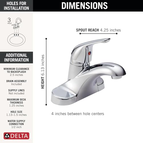 Chrome single-handle centerset bathroom faucet with curved spout and dome base, 6.3 inches tall.