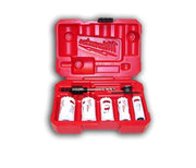 Red Milwaukee HOLE DOZER kit with seven hole saws and accessories stored in red carrying case.