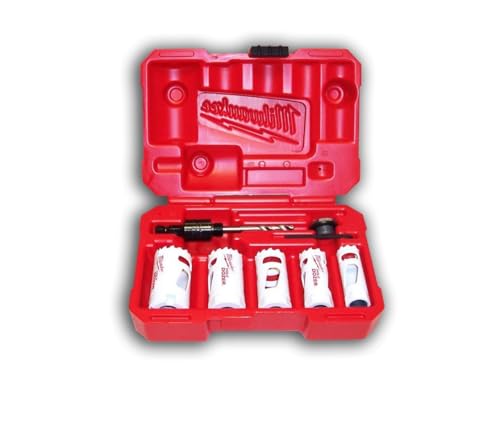 Red Milwaukee HOLE DOZER kit with seven hole saws and accessories stored in red carrying case.