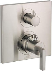 Brushed nickel thermostatic shower trim with stacked circular controls and diverter lever on square trim plate.