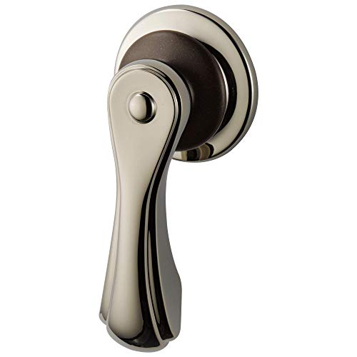 Chrome and dark bronze side mount flush lever with rounded handle and circular mounting plate.