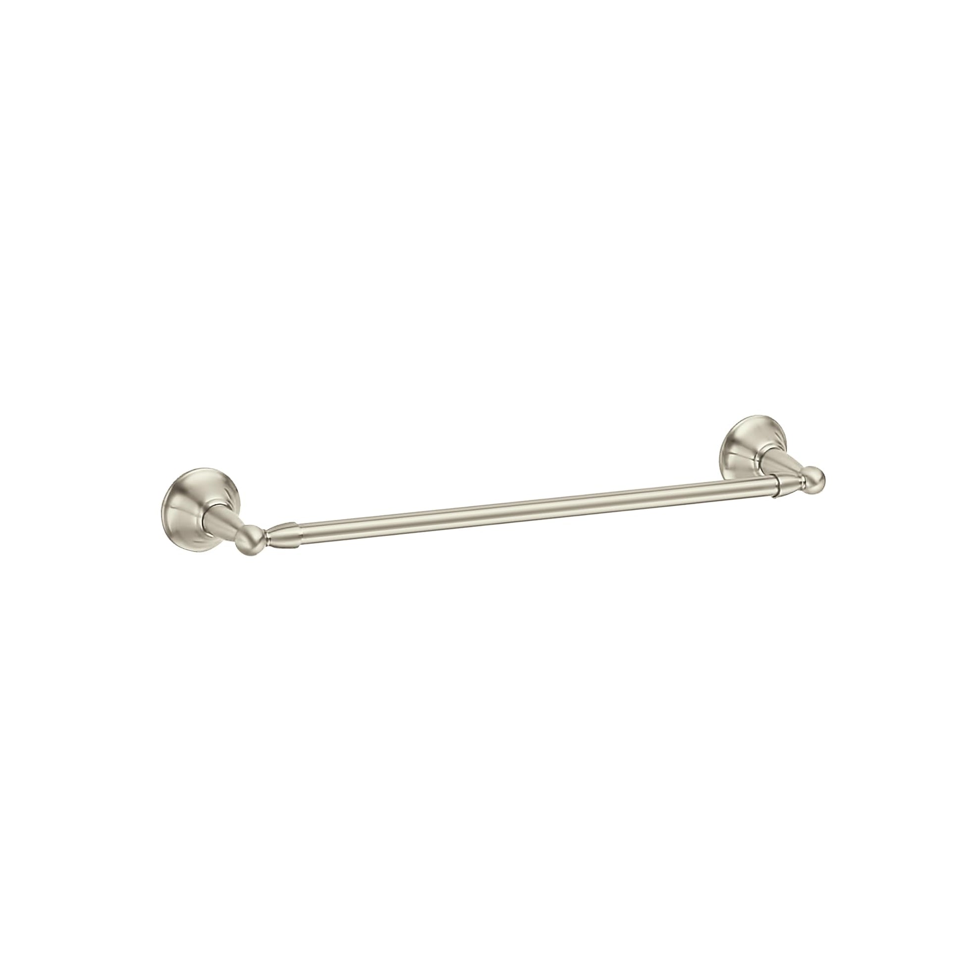 Brushed nickel towel bar with cylindrical wall mounts on each end, 24 inches long.
