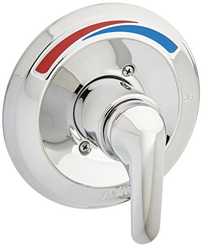 Chrome single handle shower valve trim with red and blue temperature indicator strips and lever handle.