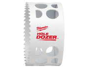 White cylindrical bi-metal hole saw with serrated cutting edge and multiple circular openings along the body.