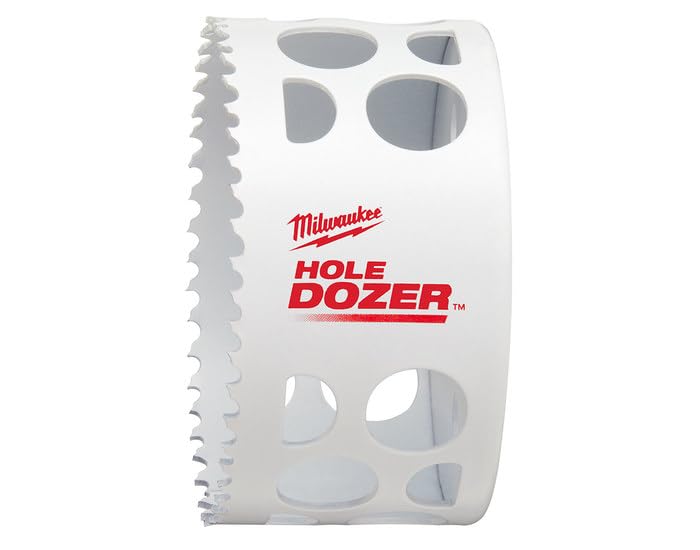 White cylindrical bi-metal hole saw with serrated cutting edge and multiple circular openings along the body.