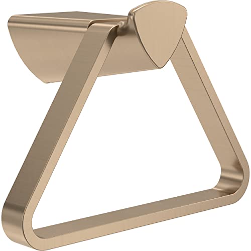 Champagne bronze triangular towel ring with curved arms and small shelf detail at top.