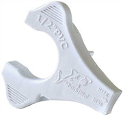 White plastic PVC disconnect clip and depth gauge with shark bite branding and measurement markings.