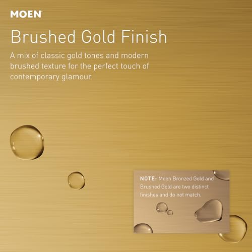 Brushed gold finish shower trim with circular water droplet samples showing texture and tone variations.