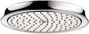 Chrome Raindance Classic shower head with perforated spray face and polished chrome trim ring, overhead view.